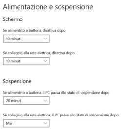 Il pannello di configurazione delle impostazioni di alimentazione in Windows.